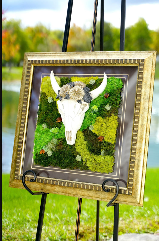 Framed Art with Moss and Skull